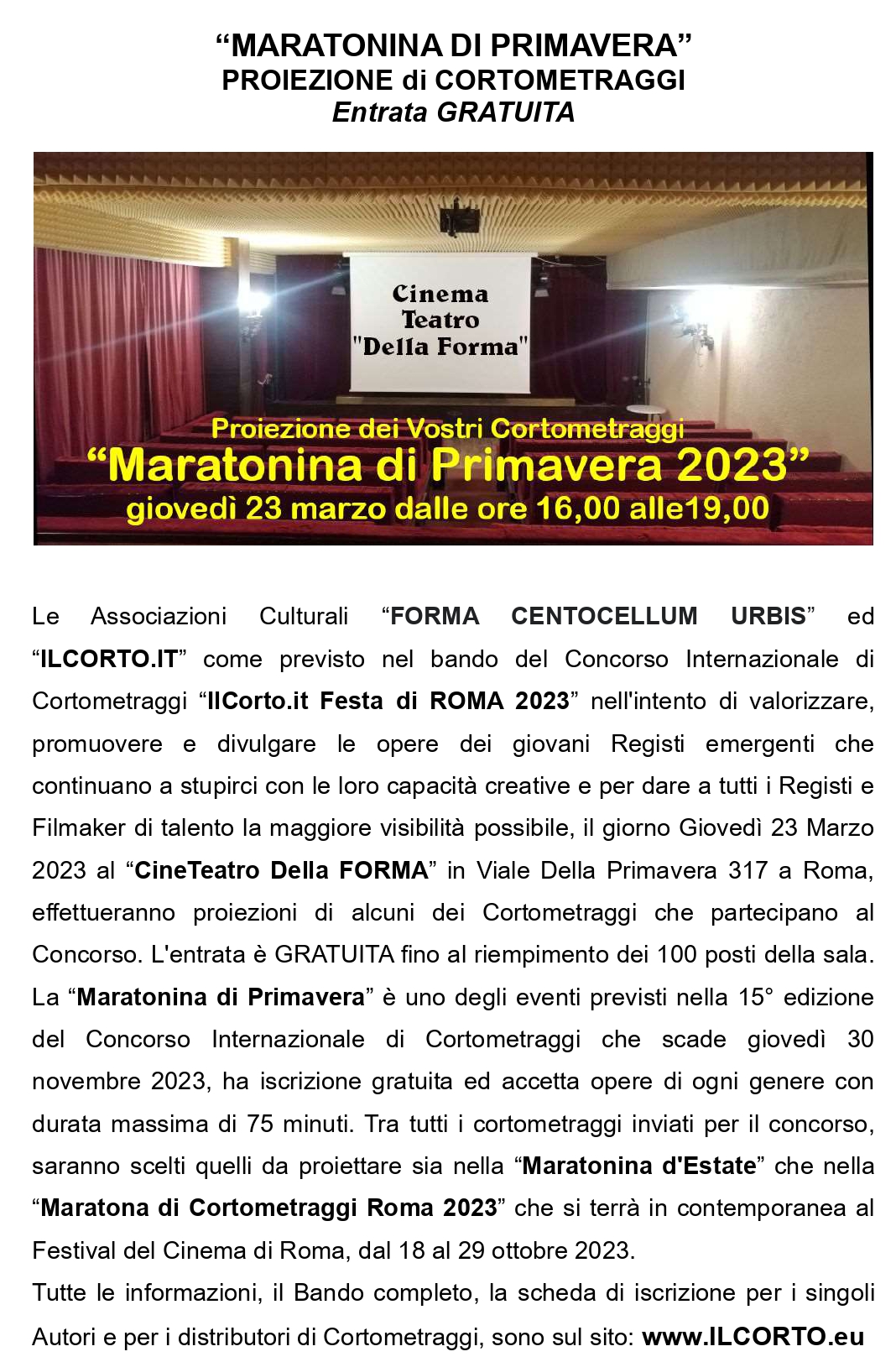 CINETEATRO della FORMA MARATONINA PRIMAVERA CORTOMETRAGGI 2023