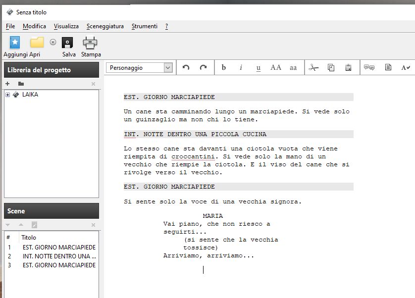 CeltX sceneggiatura cortometraggio Dialogo e parentesi