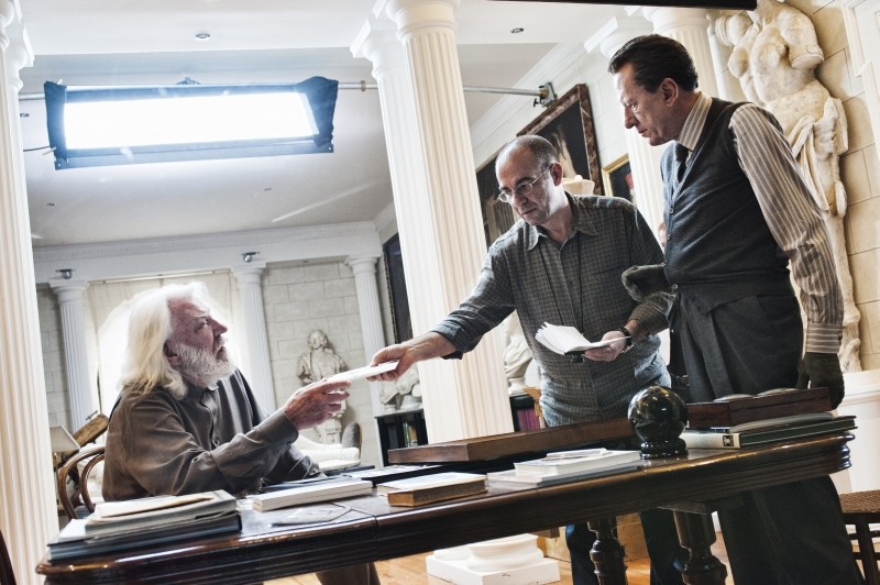 giuseppe tornatore con geoffrey rush e donald sutherland sul set del film la migliore offerta